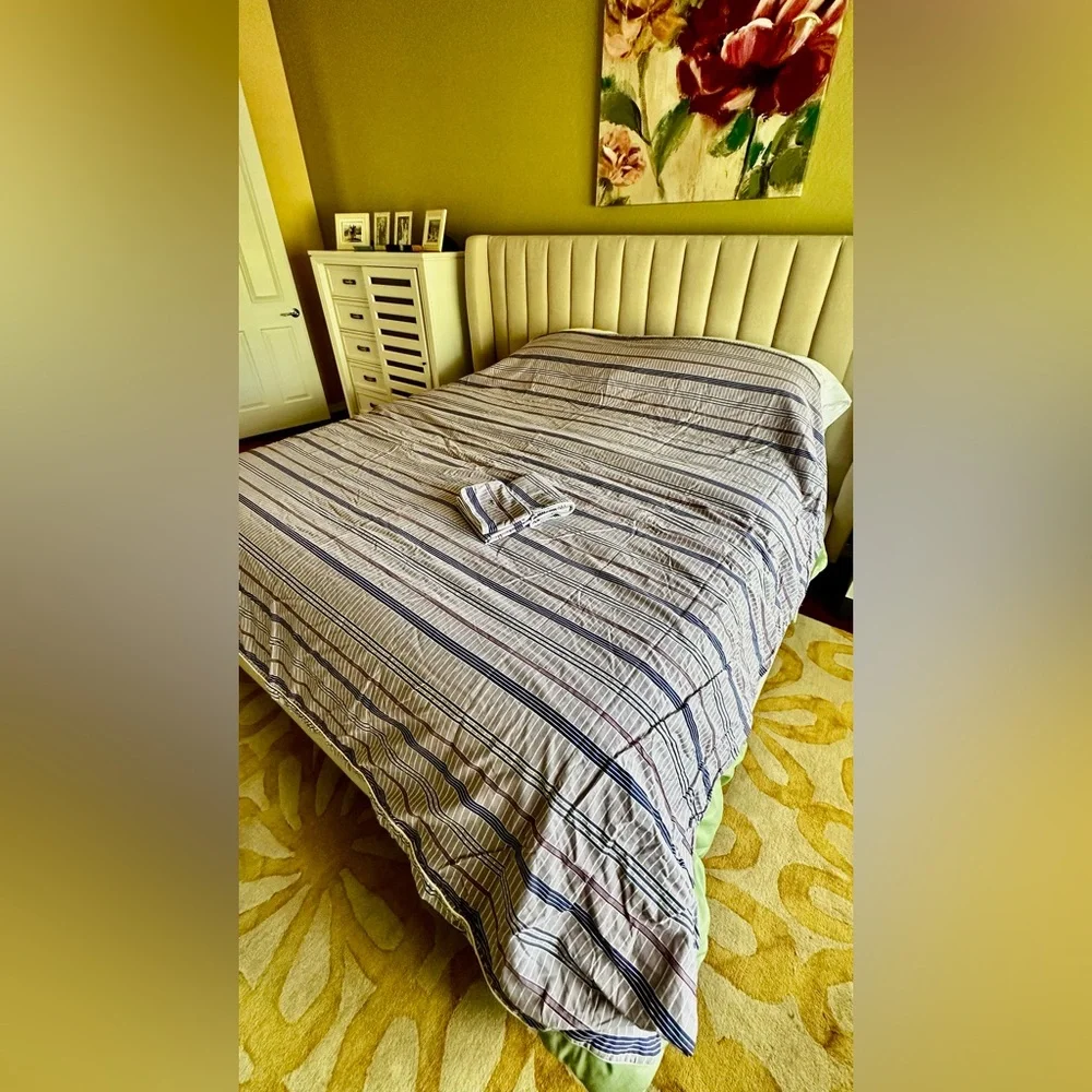 Lacoste King Duvet Pair King Pillow Shams. Purple/Blue and White stripes. Clean